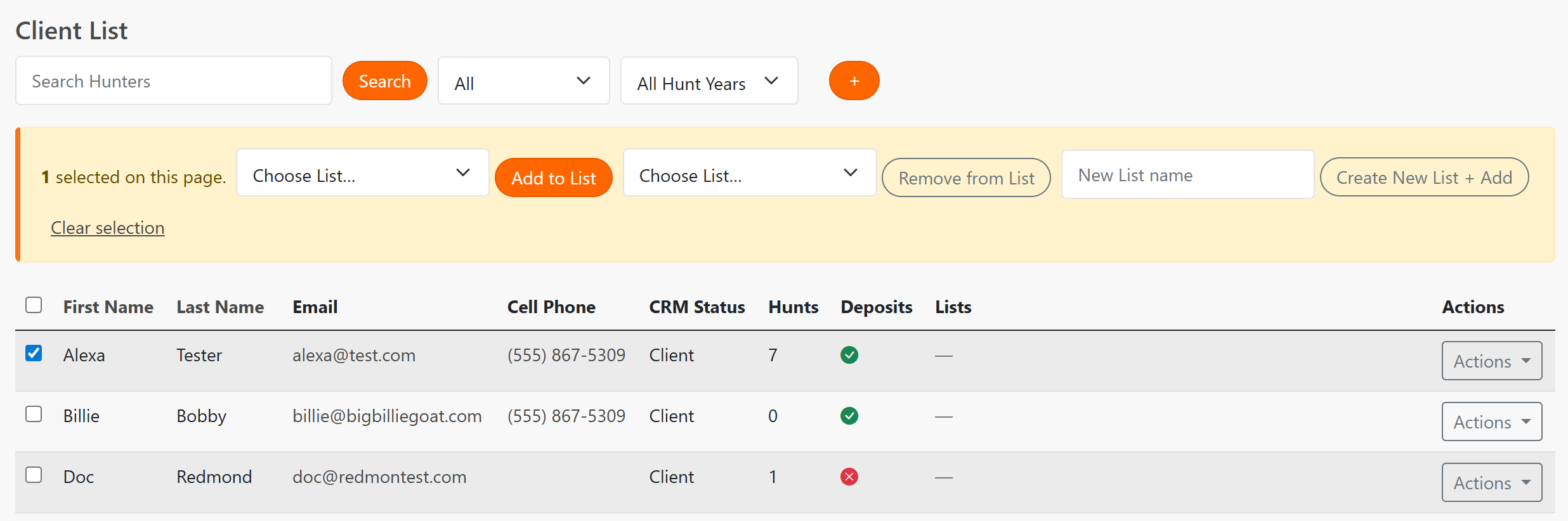 Client list with checkboxes selected showing Add to List and Create New List controls