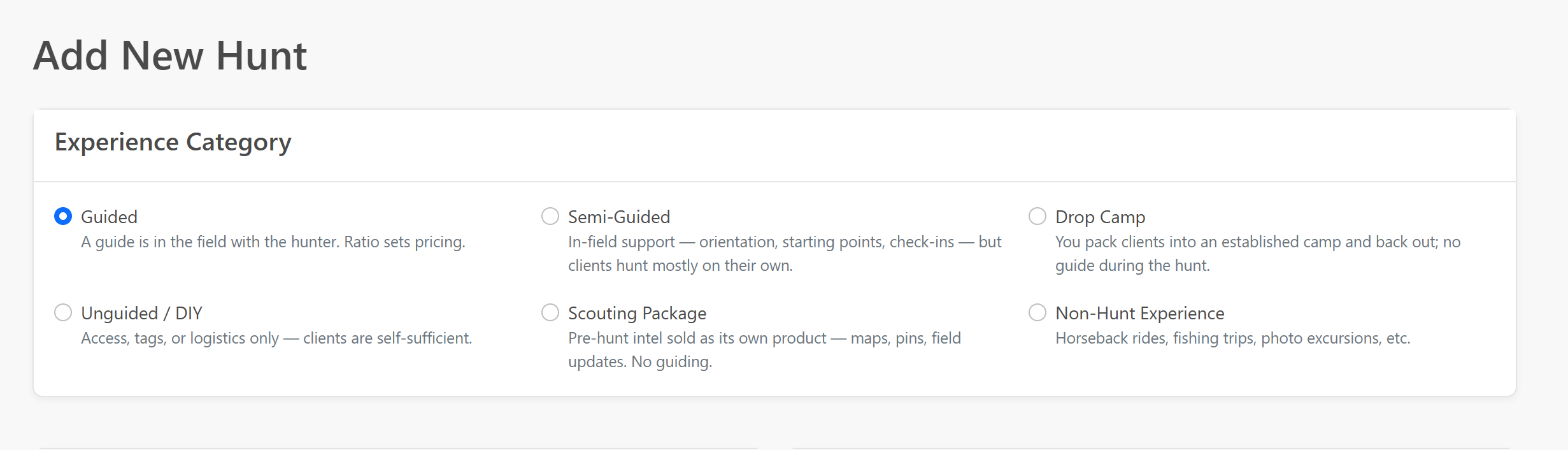 Create Hunt form showing the six experience category choices