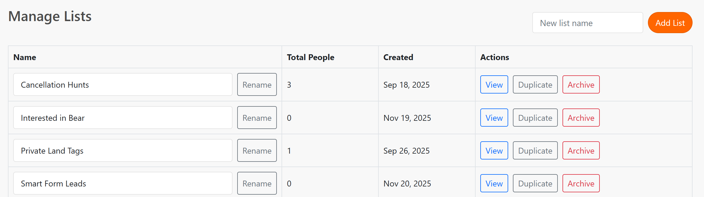 Communications Manage Lists page showing example lists