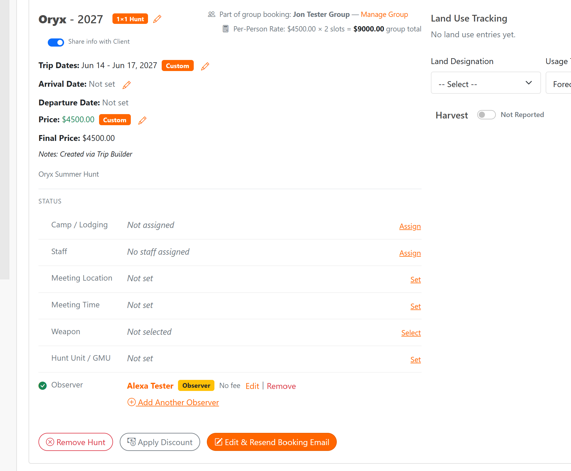 Observer row in STATUS section showing name, badge, fee, billing, and Edit/Remove links
