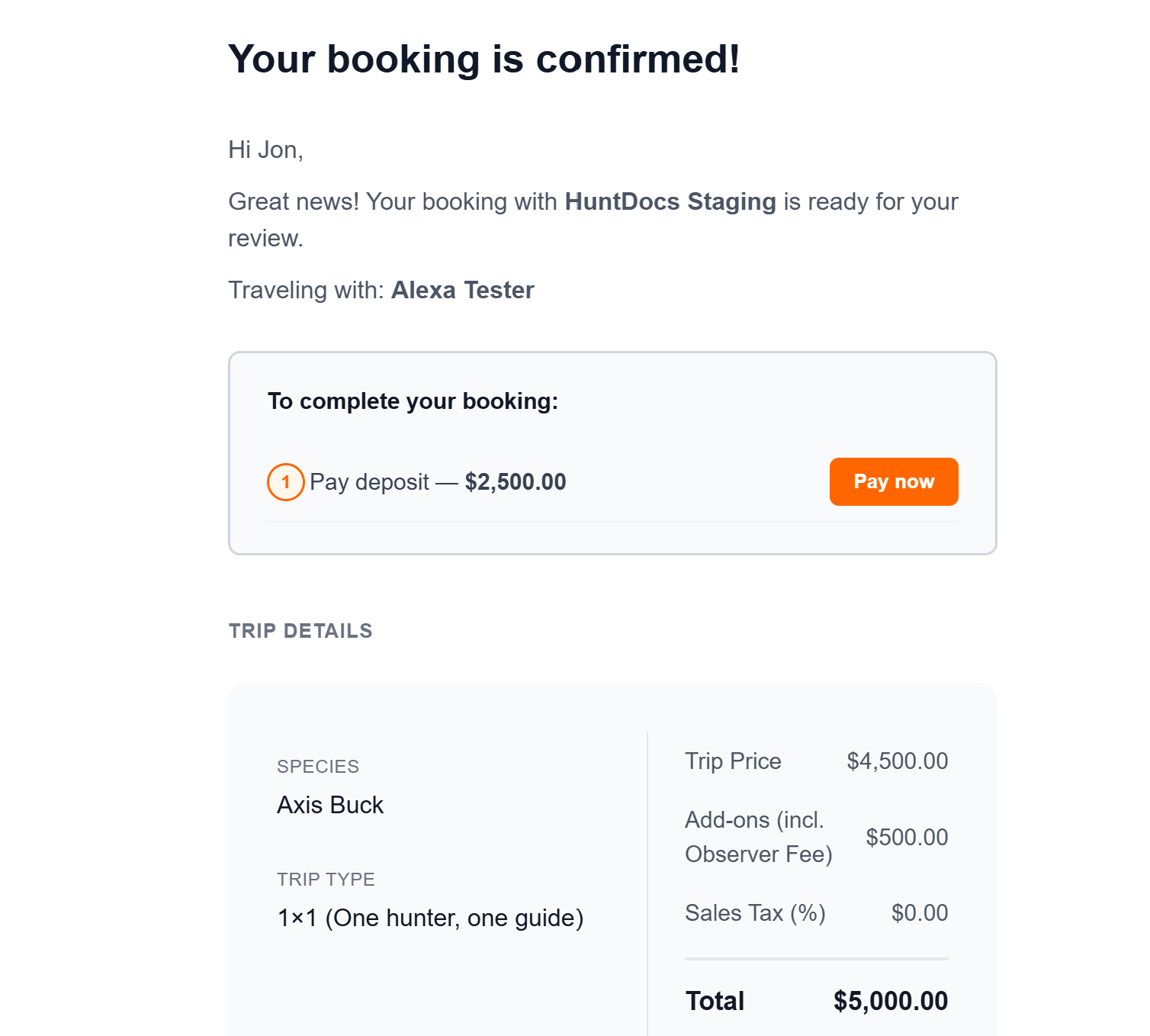 Observer booking email showing You're traveling with the hunter's name