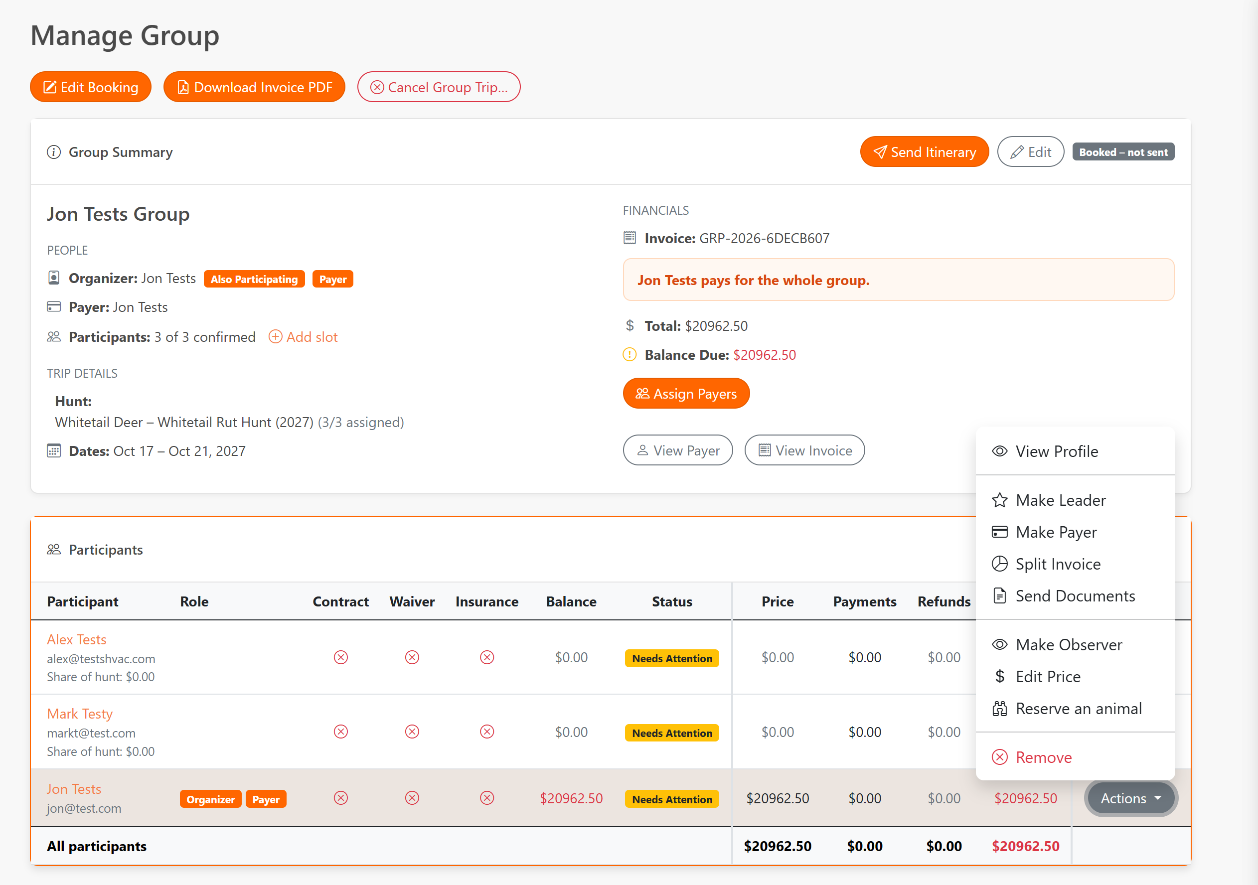 Manage Group page with Actions dropdown showing Make Observer option and Observer badge on participant