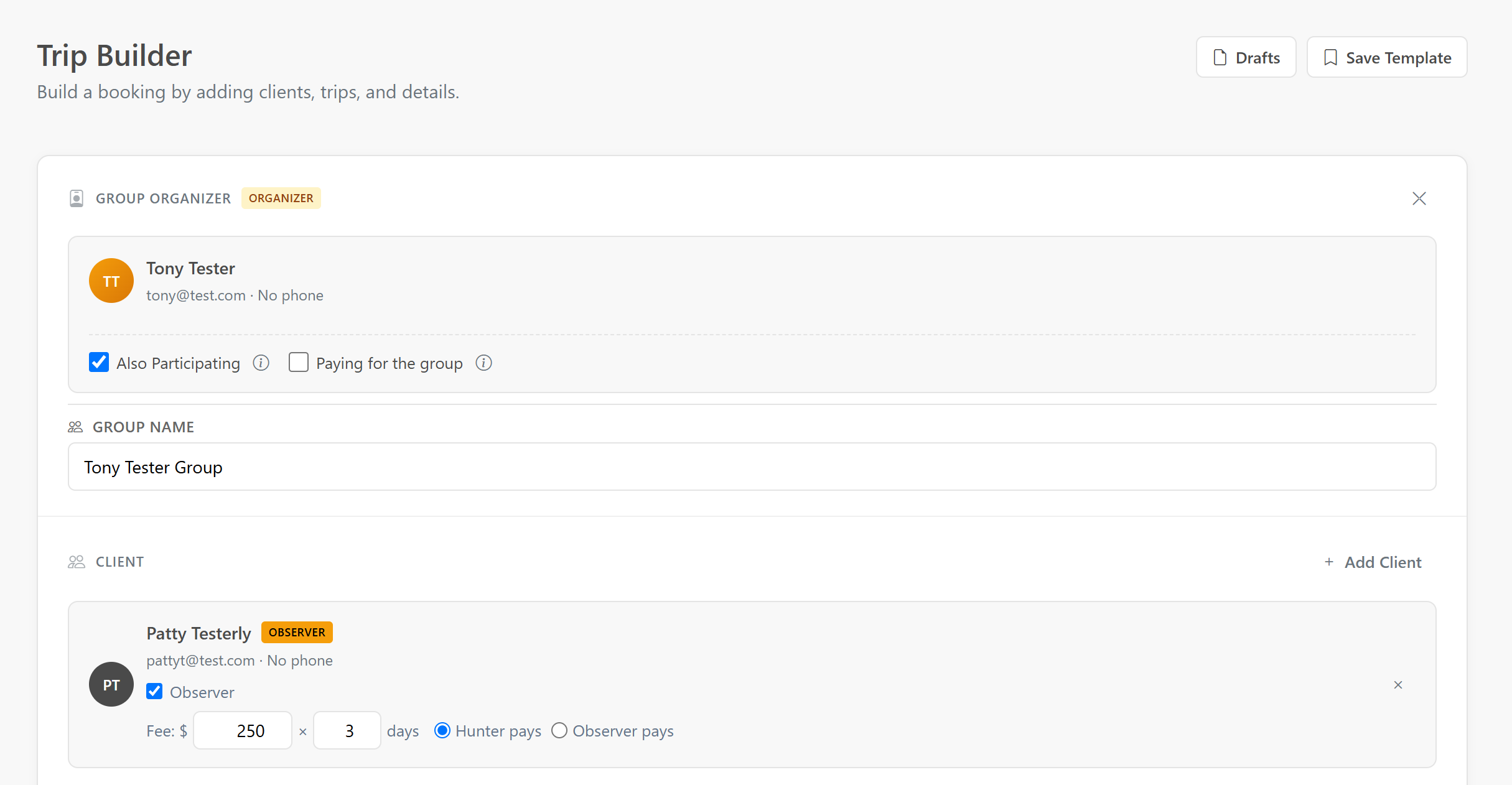 Trip Builder participant card with Observer checkbox, fee, days, and billing controls