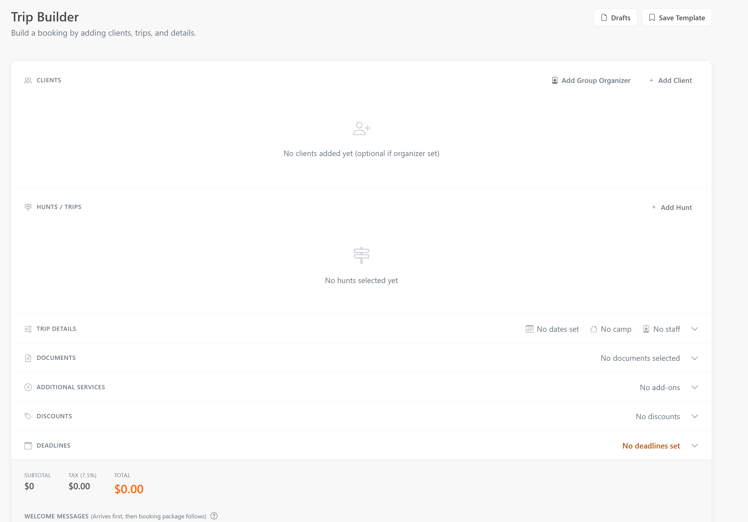 Trip Builder canvas with a client and a hunt added, and the Book & Send button
