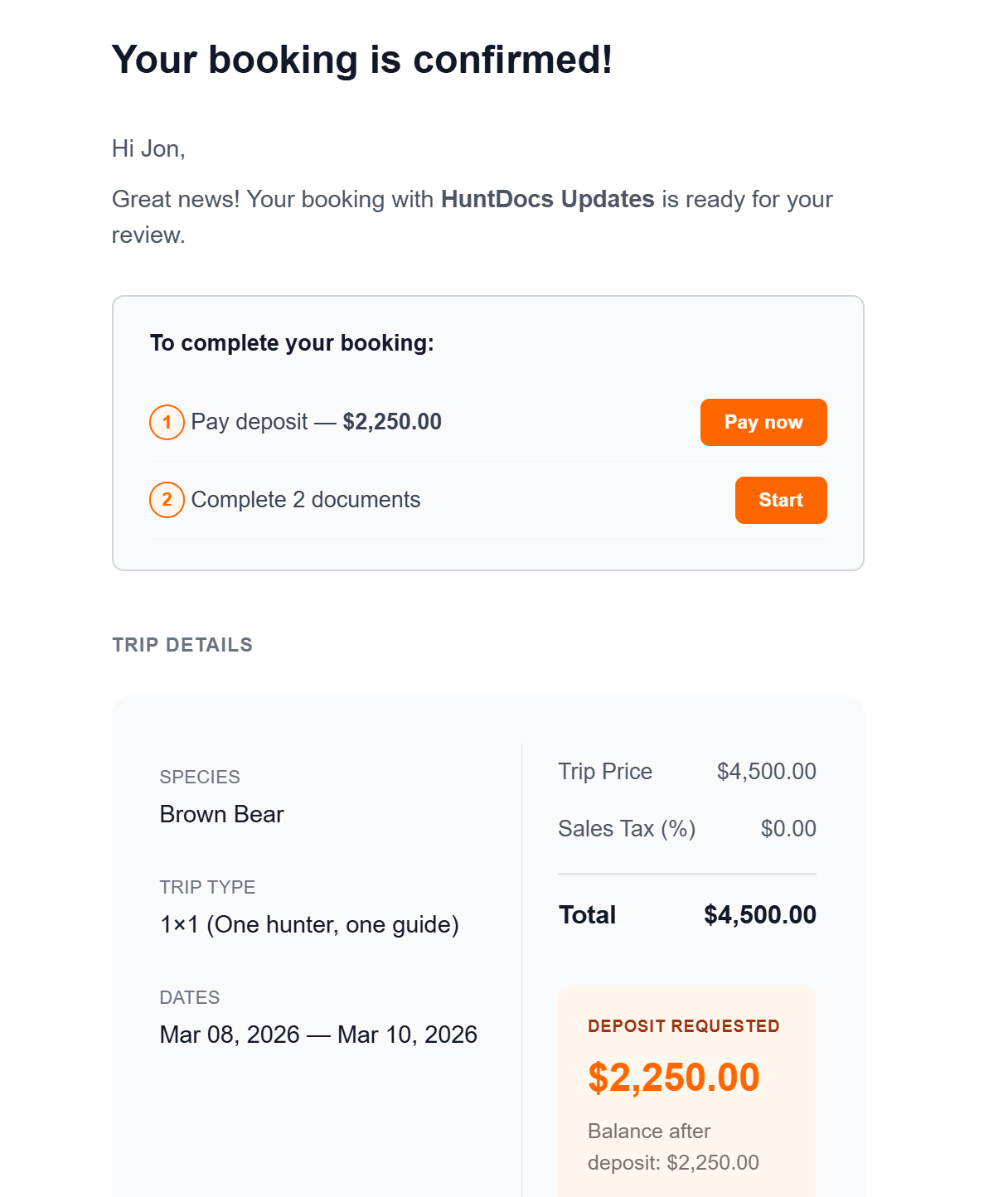The branded booking confirmation a client receives