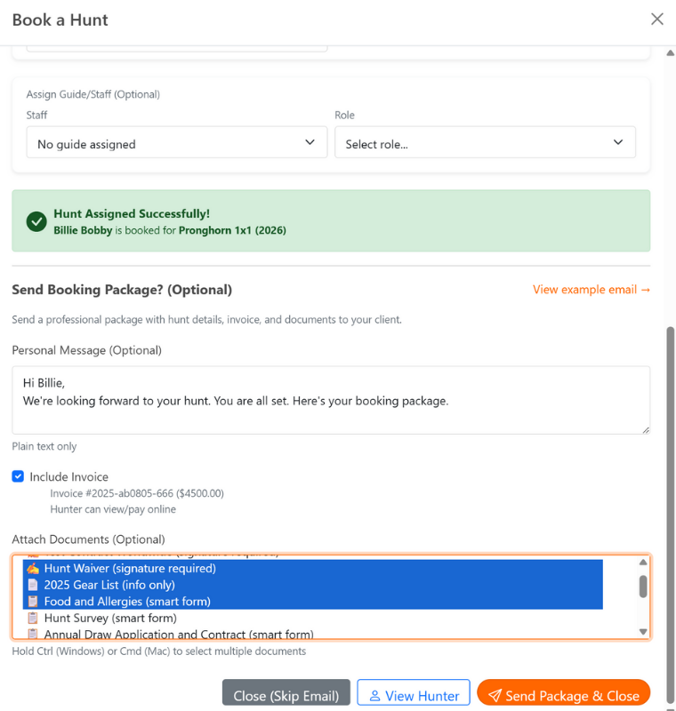 Booking package email with invoice