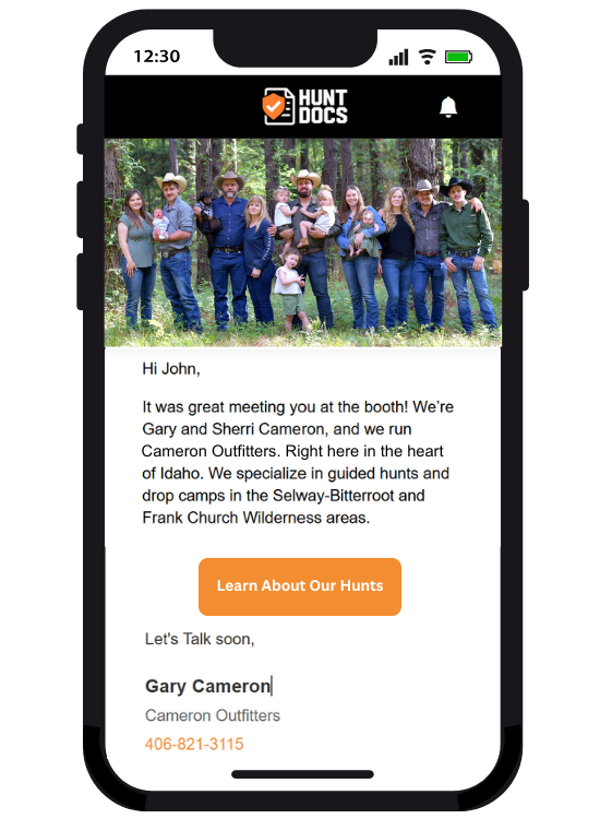 Phone showing HuntDocs lead form